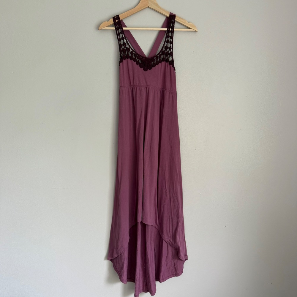 Y2K Mudd Womens Mauve Purple Crochet Lace Trim High Low Empire Waist Dress Small